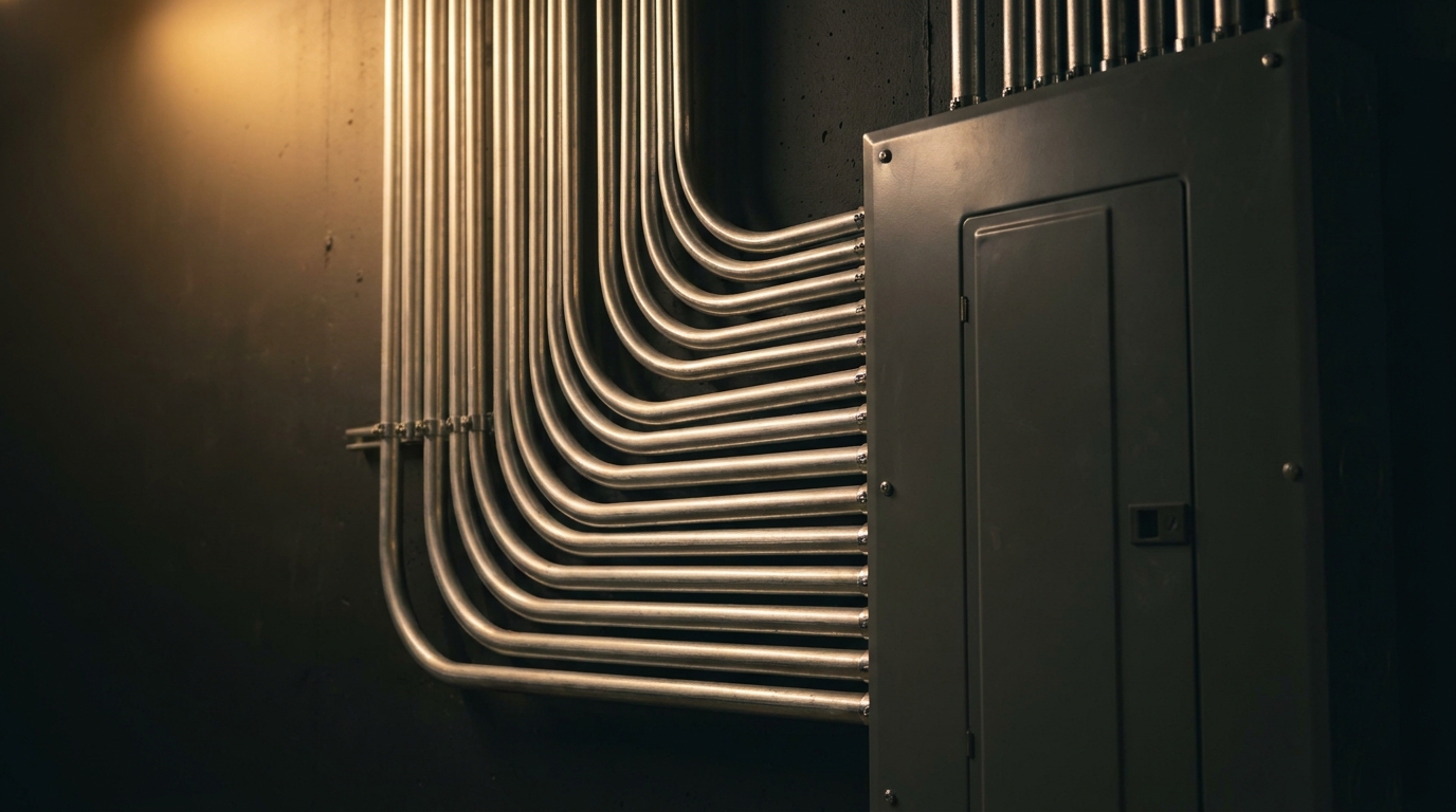 Parallel bent EMT conduit runs entering an electrical panel